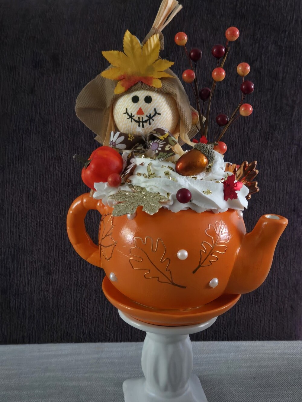 Autumn Orange Teapot Centerpiece with Scarecrow